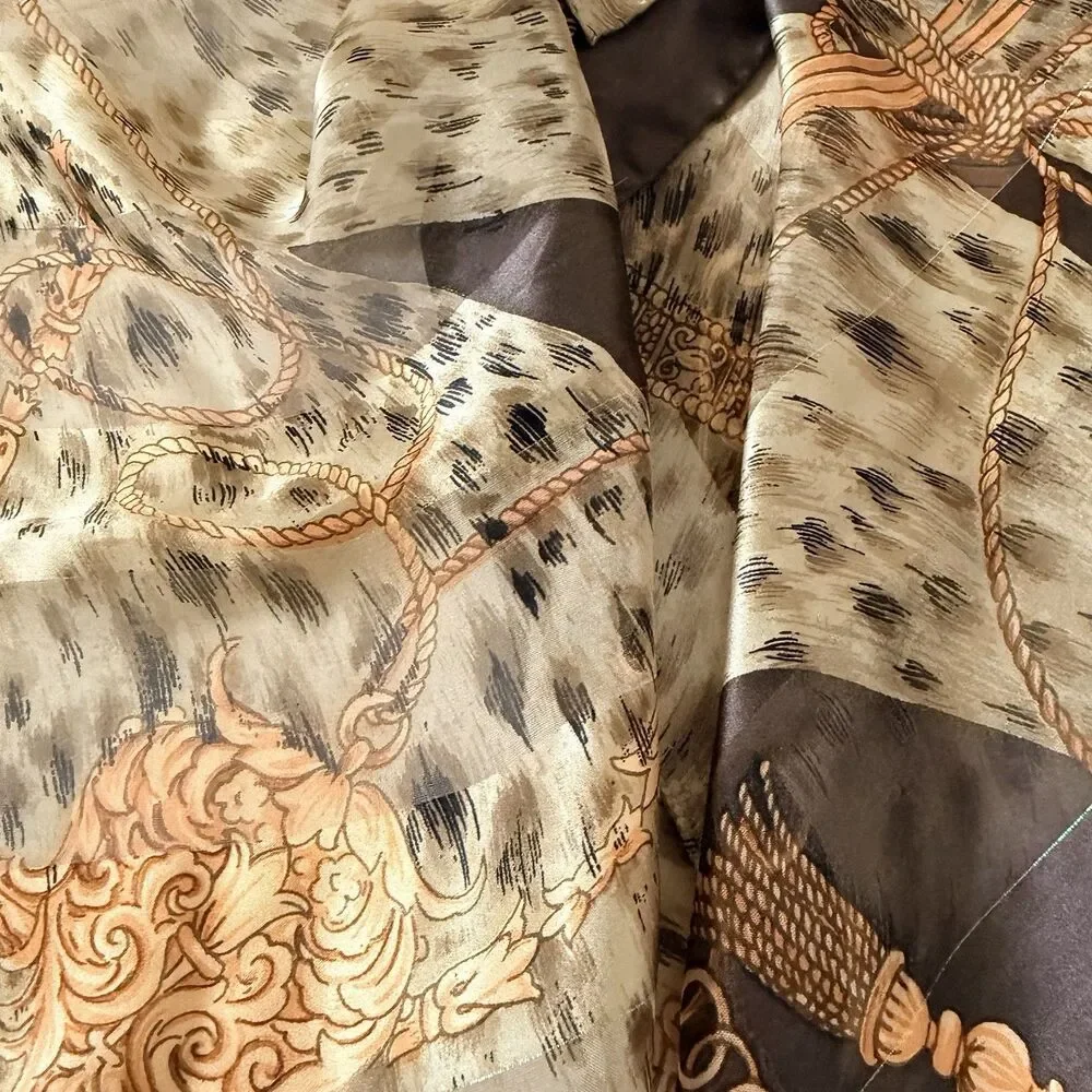 Vintage Silk Scarf Brown Gold Equestrian Chain Tassel Metallic Square 35x35